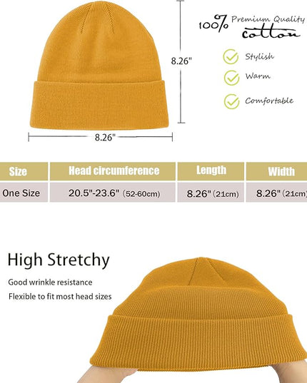 100% Cotton Beanie Hat- Unisex Ultra Soft Winter Warm Stretch Knit Cuffed Hats Fisherman Beanies Skull Cap