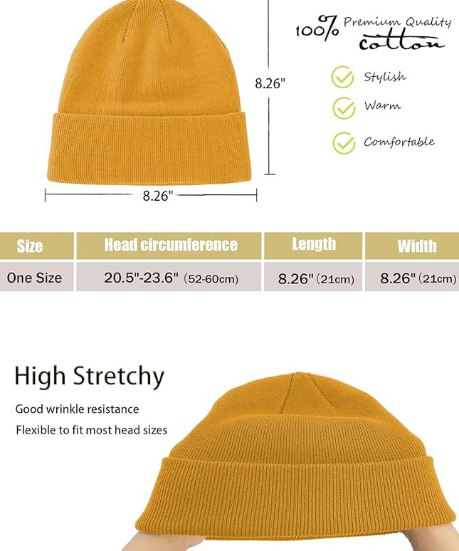 100% Cotton Beanie Hat- Unisex Ultra Soft Winter Warm Stretch Knit Cuffed Hats Fisherman Beanies Skull Cap
