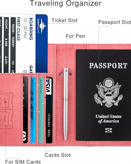 WALNEW Passport Holder for Travel, RFID Passport Cover Wallet for Women Men, PU Leather Passport Book Card Holder Case with Pen, Travelling Essentials for Flying