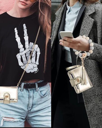 Multi-Purpose Wallet High Capacity Card Holder Zipper Coin Purse with Wristlet Bracelet Keychain Silicone Beaded Bangle Key Ring