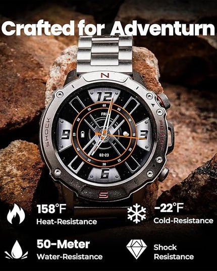 WalkerFit Smart Watch for Men, 1.43" Round AMOLED, 5ATM Waterproof for Swim, Heart Rate & Sleep Monitor, Long Battery, Outdoor Activity Tracker, Voice Control&Bluetooth Call, for iPhone Android,Silver