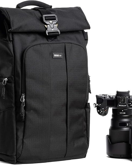 Think Tank FocusPoint 30L RollTop Camera Backpack - Asphalt Black: Expandable Travel & Camera Backpack with Laptop Sleeve, Quick Side and Back Access, Rain Cover – Versatile Photography & Travel Bag