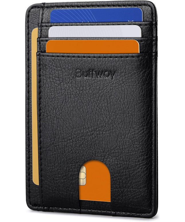 Buffway Slim Minimalist Front Pocket RFID Blocking Leather Wallets for Men and Women - Galactic Crack Black