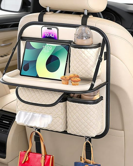Leather Car Backseat Organizer with Foldable Table Tray - Cup/Tissue/Tablet Holder, Car Seat Back Storage Organizer, Road Trip Essentials for Adults & Kids (white)