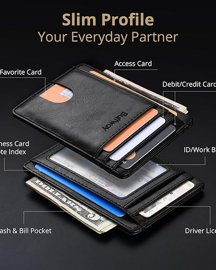 Buffway Slim Minimalist Front Pocket RFID Blocking Leather Wallets for Men and Women - Alaska Black