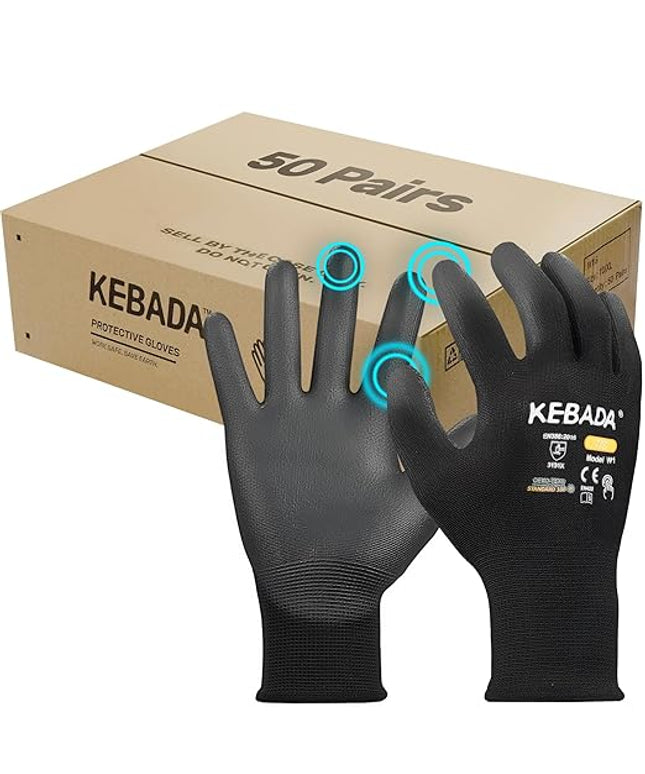 Kebada W1 Safety Work Gloves, PU Coated Touch Screen Work Gloves with Grip, Bulk Pack Working Gloves for Warehouse, Construction, Gardening and Mechanic Use, Black, 50 Pairs, X-Small