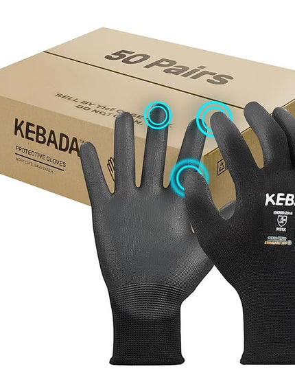 Kebada W1 Safety Work Gloves, PU Coated Touch Screen Work Gloves with Grip, Bulk Pack Working Gloves for Warehouse, Construction, Gardening and Mechanic Use, Black, 50 Pairs, Small