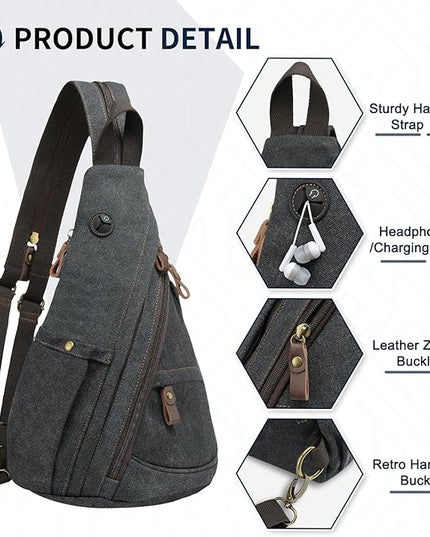 Vintage Canvas Sling Bag with Genuine Leather Zipper, 3 in 1 Crossbody, Backpack, and Chest Bag, for Travel, Hiking, 16x10x6 Inches, Black