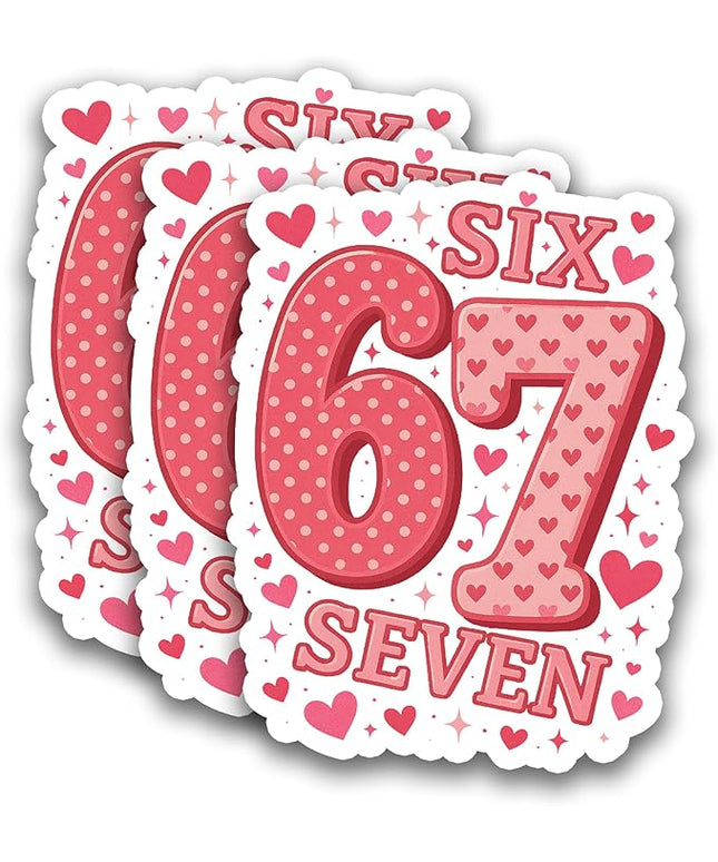(3Pcs) 67 Stickers Funny Six Seven Sticker 6 7 Number Decorations Vinyl Decals for Birthday Valentines Day Laptop, Water Bottle, Tumbler, Scrapbooking, Luggage, Waterproof 3" x 2.3"