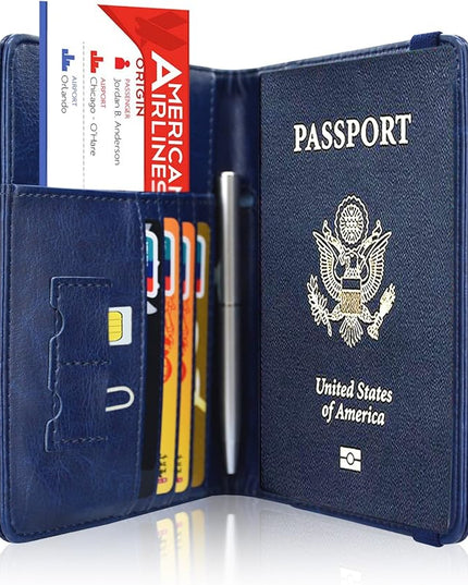 ACdream Passport Holder Cover, Leather Travel Wallet Case, RFID Blocking Document Organizer Protecrtor, with Slots for Credit Cards, Boarding Pass, for Women and Men, Navy Blue