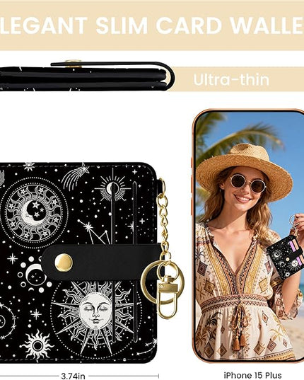 Sodsay Small Slim Wallet Women RFID Blocking, PU Leather Bifold Ladies Wallet with Zipper Coin Pocket, Thin Cute Travel Card Wallets for Girls, Black Celestial Symphony