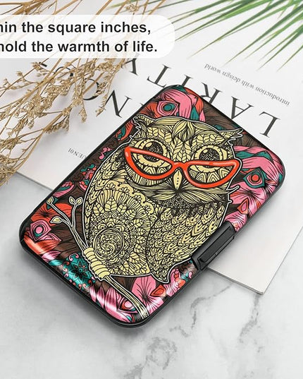 ELFISH Mini RFID Aluminum Wallet Credit Cards Holder Business Card Case Metal ID Case for Men Women(Cute Owl)