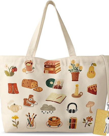 Large Tote Bag for Women - Aesthetic Cute Big Canvas Bags with Zipper Cotton Shoulder Bag for Gym, Travel, Work
