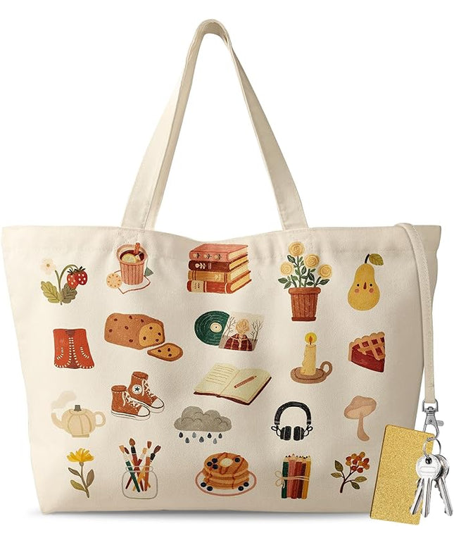 Large Tote Bag for Women - Aesthetic Cute Big Canvas Bags with Zipper Cotton Shoulder Bag for Gym, Travel, Work