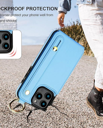 Folosu for iPhone 16 Pro Max Wallet Case with Card Holder, Hand Wrist Strap Loop Holder Kickstand, RFID Blocking Finger Grip Ring PU Leather Double Buttons Shockproof Cover 6.9" Blue