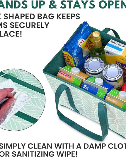 Reusable Grocery Bags (3 Pack) – Heavy Duty Reusable Shopping Bags for Groceries with Box Shape to Stand Up, Stay Open, Fold Flat – Large Tote-Bag is Foldable with Long Handles & Hard Bottom (Green)