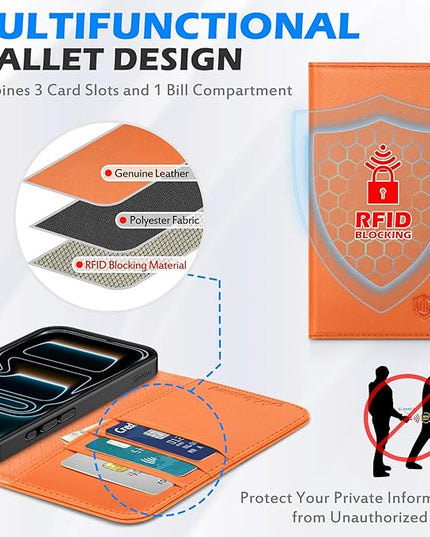 SHIELDON Case Wallet for iPhone 17 Pro 6.3-inch | Genuine Leather, RFID Blocking Credit Card Holder, Magnetic Closure, Folio Design, Kickstand, TPU Soft Full Protective Cover 2025 - Orange