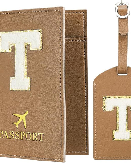 PATIKIL Passport Holder for Travel, Initial Passport Cover and Luggage Tag Set with Alphabet Chenille Letter Patch Travel Wallet Bag Suitcase Identifier for Women Family Travel Brown T