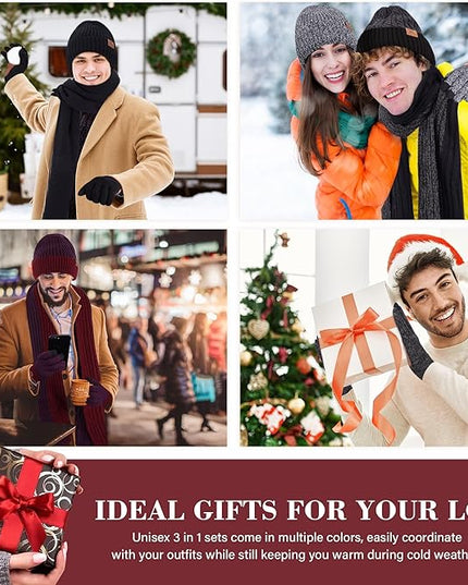 FZ FANTASTIC ZONE Mens Winter Knit Hat Beanie Long Neck Scarf Touchscreen Gloves Set Fleece Skull Caps Gifts for Men Women