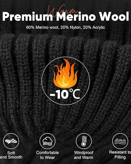 Merino Wool Beanie Hat for Men Women - Thermal Knitted Winter Hat for Large Heads Hiking Running Cap Wrap for Cold Weather