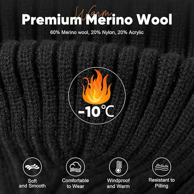 Merino Wool Beanie Hat for Men Women - Thermal Knitted Winter Hat for Large Heads Hiking Running Cap Wrap for Cold Weather