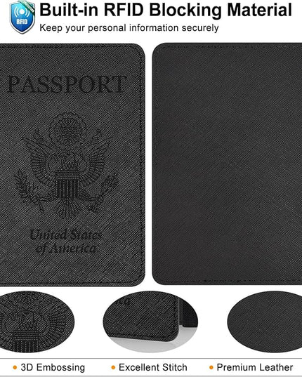 RSAquar Passport and Vaccine Card Holder Combo, Passport Holder Cover Wallet, Leather Card Case Travel Accessories with RFID Blocking for Women and Men, Y-Black