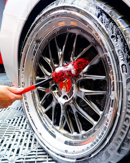 Professional 4 Pack Long Handle Wheel Brush Kit for Cleaning Wheel and Tire- 2X Soft Wheel Cleaning Brush, Detailing Brush and Stiff Tire Brush, Bendable& Durable Wheel Rim Cleaner Brush Set