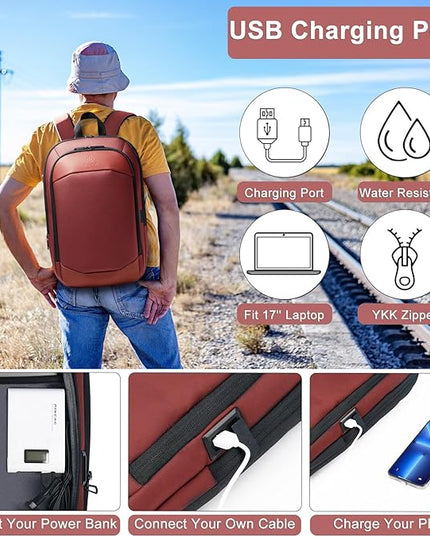 hk Business Backpack for Men 17 Inch,Slim & Expandable Waterproof Travel Laptop Backpack with USB Charger Port (Red)
