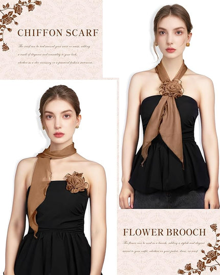 Chiffon Scarf for Women, Removable Flower Neck Scarf Light Soft Fashion Rose Scarves Versatile Headband or Hair Band