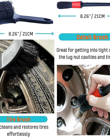 PRO Choice 4 Pack Long Handle Wheel Brush Kit for Cleaning Wheel and Tire- 2X Soft Wheel Cleaning Brush, Detailing Brush and Stiff Tire Brush