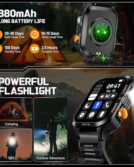 Military Smart Watches for Men (Answer/Make Calls) with Powerful Flashlight 1.96" HD, Outdoor Tactical Smartwatch with Big Battery 880mAh Sport Modes Health Monitor 3ATM for iPhone/Android