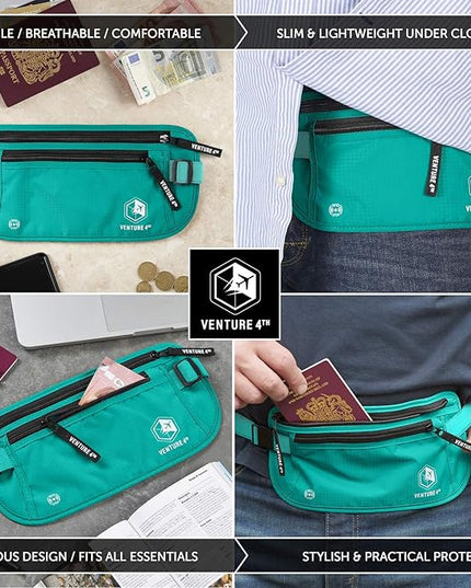 VENTURE 4TH Money Belt for Travel – Hidden Under-Clothes RFID Blocking Passport Holder & Slim Travel Wallet Pouch for Men & Women to Protect Cash, Cards & Documents (Turquoise)