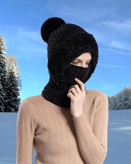 HUAMULAN Women Winter Beanie Hats One Piece Fleece Lined Knit Balaclavas Mask Set Skull Neck Circle Scarf Ski Snow Hat Pompom