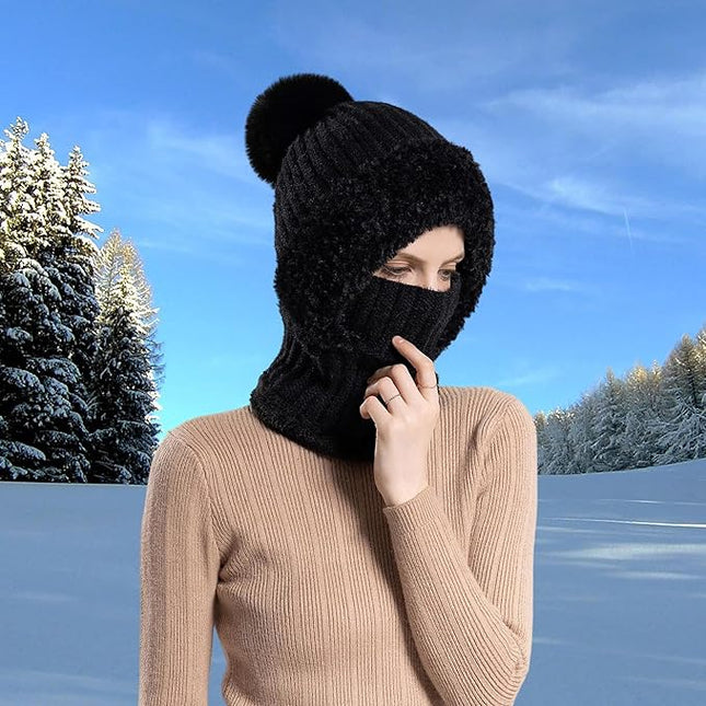 HUAMULAN Women Winter Beanie Hats One Piece Fleece Lined Knit Balaclavas Mask Set Skull Neck Circle Scarf Ski Snow Hat Pompom