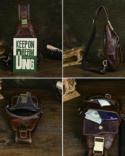 Genuine Leather Hiking Travel DayPack Sling Crossbody Triangle Chest Pack Bag For Men Women 8241
