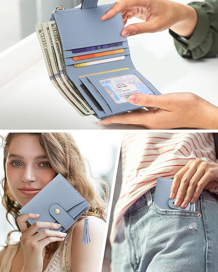 yiijay Small Wallet for Women RFID Blocking Tassle Bifold Slim Thin Leather Wallet Credit Card Holder Wallet Ladies Mini Wallet with Zipper Pocket