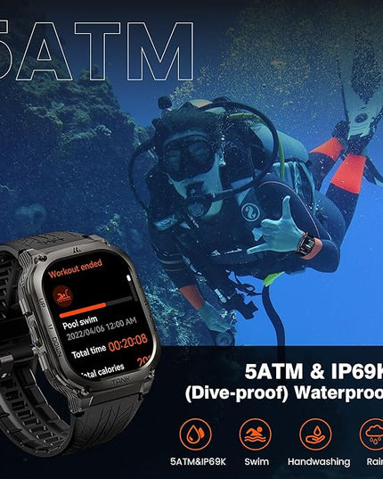 AMAZTIM Smart Watch, 60 Days Extra-Long Battery, 5ATM Waterproof Swimming Diving, Full Metal Military Grade, Answer/Make Call, 2" AMOLED Display, Health Monitor Compatible for iPhone and Android
