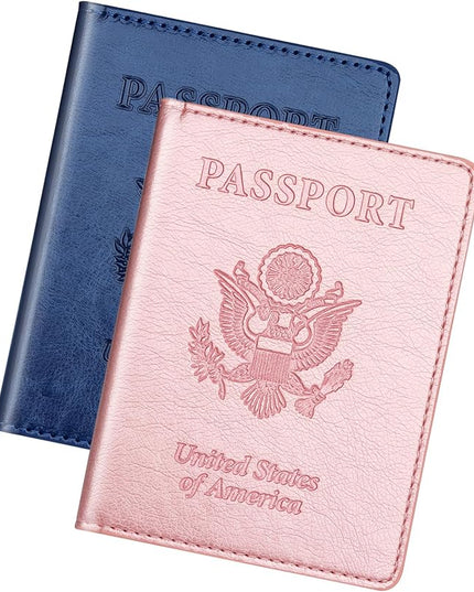 Herain Passport Holder 2Pcs, Passport Cover Wallet Case for Women Men Family, Passports Book Holders Travel Must Haves Cruise Ship Essentials (Dark Blue & Rose Gold)