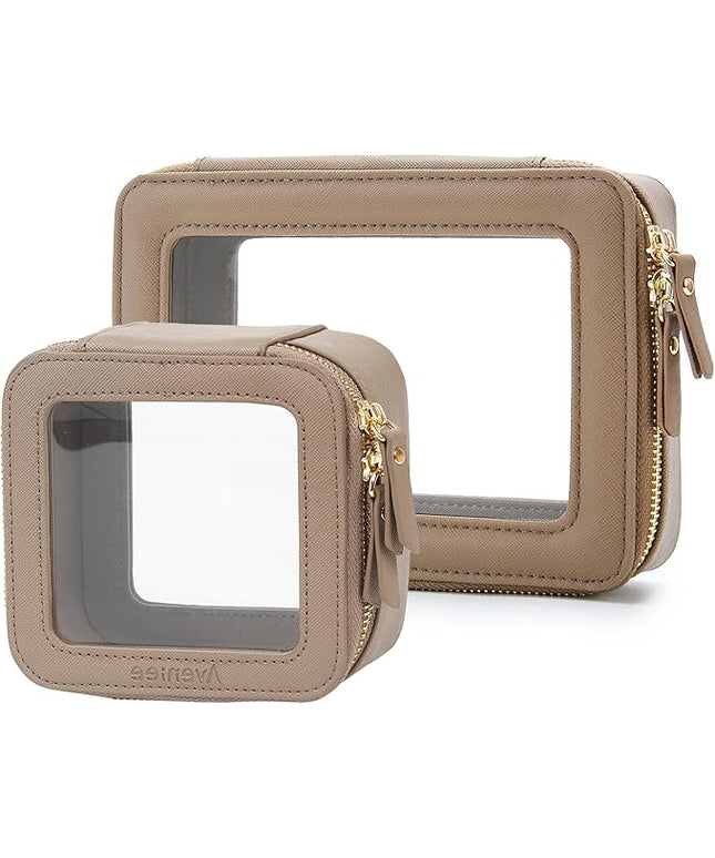 Aveniee Clear Makeup Bag Set (2-Piece Mini & Midi) - Travel Toiletry Organizer for Women, Waterproof Cosmetic Pouch & Car Accessory for Travel Size Toiletries, Taupe