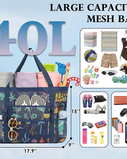 Mesh Beach Bag, Large Beach Tote with Zipper Pocket, Toys Pool Bag for Family Travel Vacation Cruise Essentials