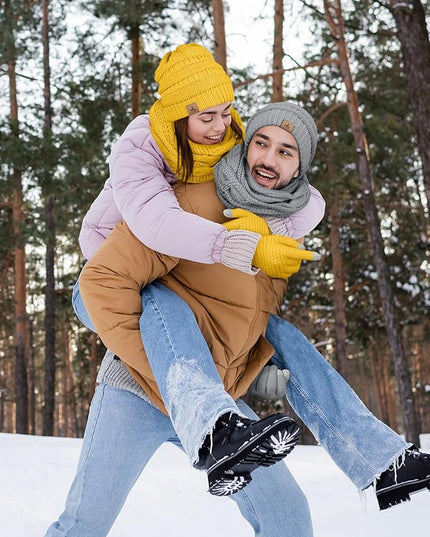 Winter Beanie Hat Scarf Gloves, Warm Fleece Knit Hats Touch Screen Gloves Neck Scarf Set Winter Gifts for Unisex Adult
