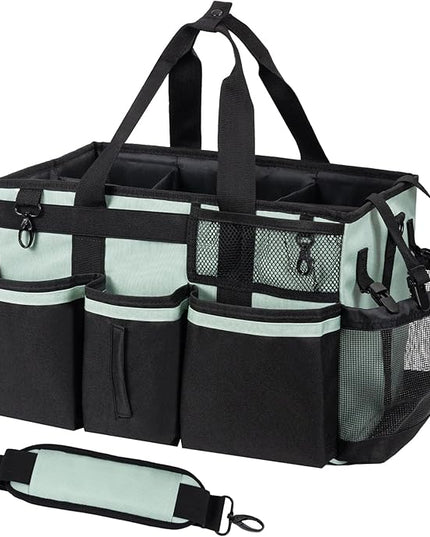 Wearable Cleaning Caddy, Cleaning Caddy Supplies Organizer with Handle & Shoulder Straps for Housekeepers, Under Sink & Car Cleaning Tool Organizers Bag with 4 Foldable Divider (Celadon)