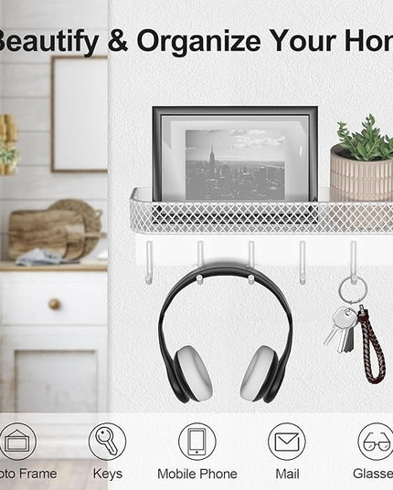 Lwenki Key Holder for Wall – Decorative Stainless Steel Key Hanger with 6 Hooks for Hats, Bags, Leashes – Mail Holder Key Rack with Mounting Hardware and Guide (9.65” x 2.8” x 2.2”) (White)