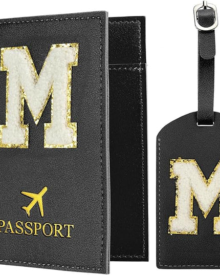 PATIKIL Passport Holder for Travel, Initial Passport Cover and Luggage Tag Set with Alphabet Chenille Letter Patch Travel Wallet Bag Suitcase Identifier for Women Family Travel Black M