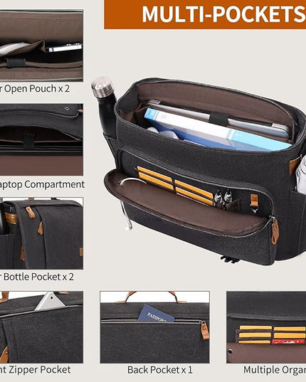 ESTARER Messenger Bag 17-17.3 Inch, Men's Computer Satchel Water-resistant Canvas, Teacher Laptop Briefcase for Work Office College, Dark Grey