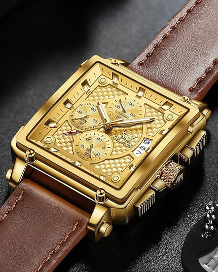 OLEVS Men's Chronograph Leather Watch, Big Face Easy to Read Analog Quartz Dress Watch, Casual Waterproof Luminous Hands Date Watches for Men, White/Blue/Black/Gold Dial