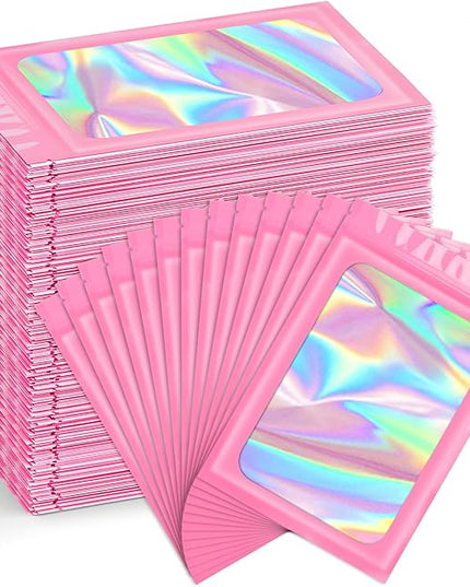 Funfery 300 Pack Smell Proof Resealable Bags for Food Storage,Holographic Bags 4x6 Pink Mylar Clear Packaging Bag- Scent Proof for Cookies, Zip Foil Pouch for Small Business