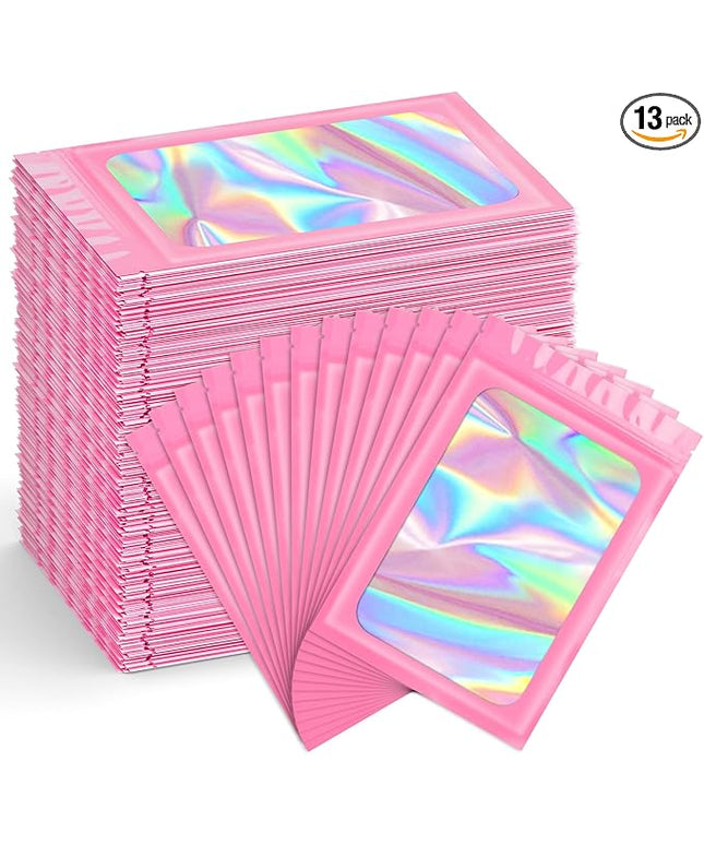 Funfery 300 Pack Smell Proof Resealable Bags for Food Storage,Holographic Bags 4x6 Pink Mylar Clear Packaging Bag- Scent Proof for Cookies, Zip Foil Pouch for Small Business