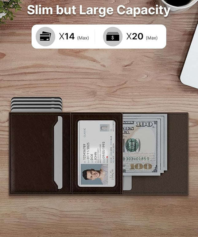 typecase Mens Wallet Card Holder: Pop Up Aluminum Case, Genuine Leather, Smart, RFID Blocking, Slim, Minimalist, Front Pocket - 9-14 Card Capacity | ID Window | Cash Slot (Black Brown)