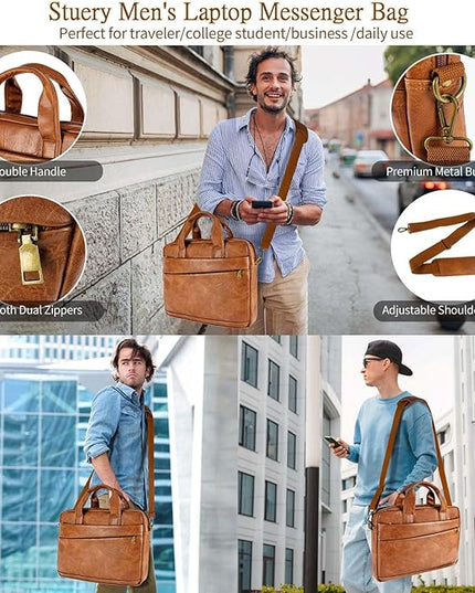 Faux Leather Messenger Bag for Men 15.6 Inch: Laptop Bag Briefcase Computer Handbags Shoulder Crossbody Bag with Padded Laptop Sleeve for Work College Travel, PU Brown